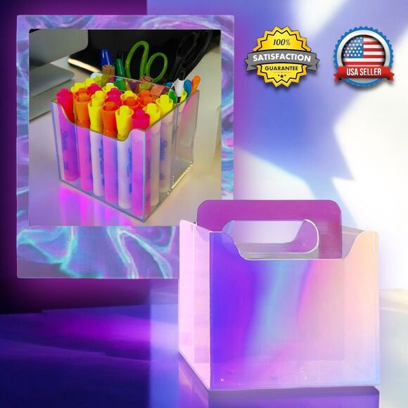 Clear Iridescent Rotating Desk Organizer Pen, Brush, Makeup, Remote Holder 5x5" - Picture 1 of 16